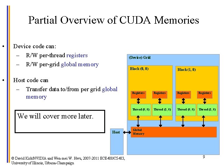 Partial Overview of CUDA Memories • • Device code can: – R/W per-thread registers