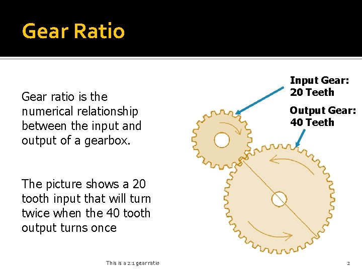 Gear Ratio Gear ratio is the numerical relationship between the input and output of