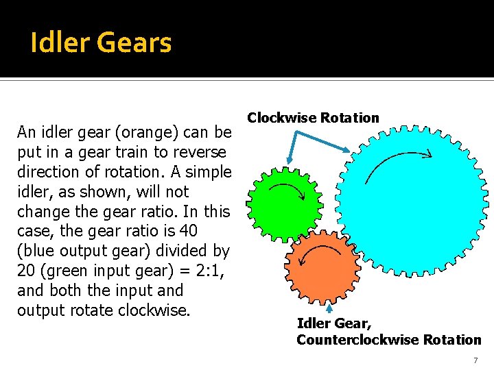 Idler Gears An idler gear (orange) can be put in a gear train to