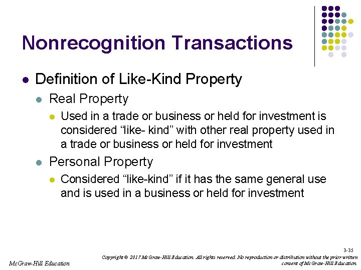 Nonrecognition Transactions l Definition of Like-Kind Property l Real Property l l Used in