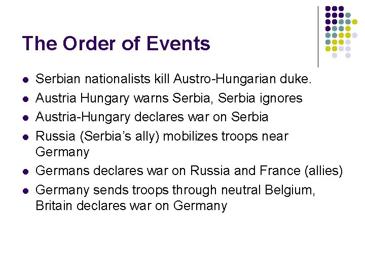 The Order of Events l l l Serbian nationalists kill Austro-Hungarian duke. Austria Hungary