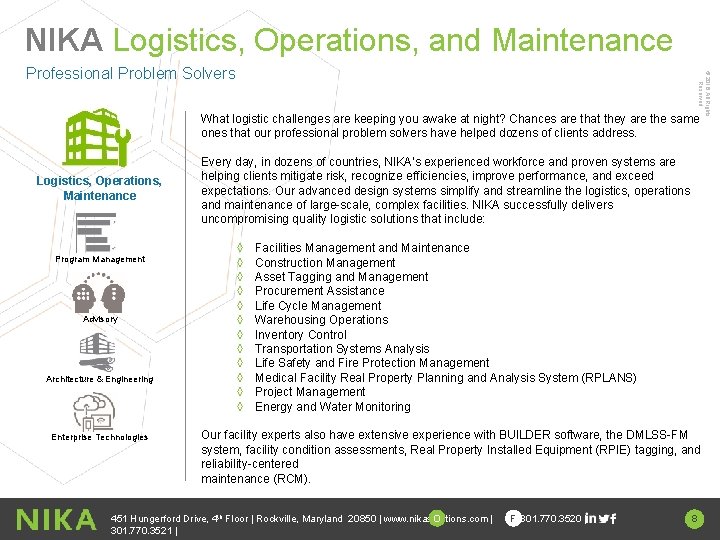 NIKA Logistics, Operations, and Maintenance © 2016 All Rights Reserved Professional Problem Solvers What