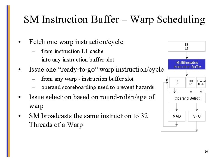 SM Instruction Buffer – Warp Scheduling • Fetch one warp instruction/cycle – – •