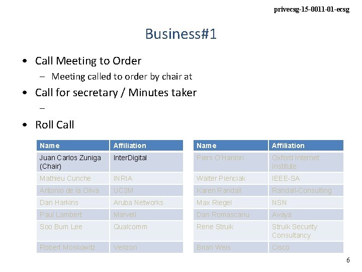 privecsg-15 -0011 -01 -ecsg Business#1 • Call Meeting to Order – Meeting called to