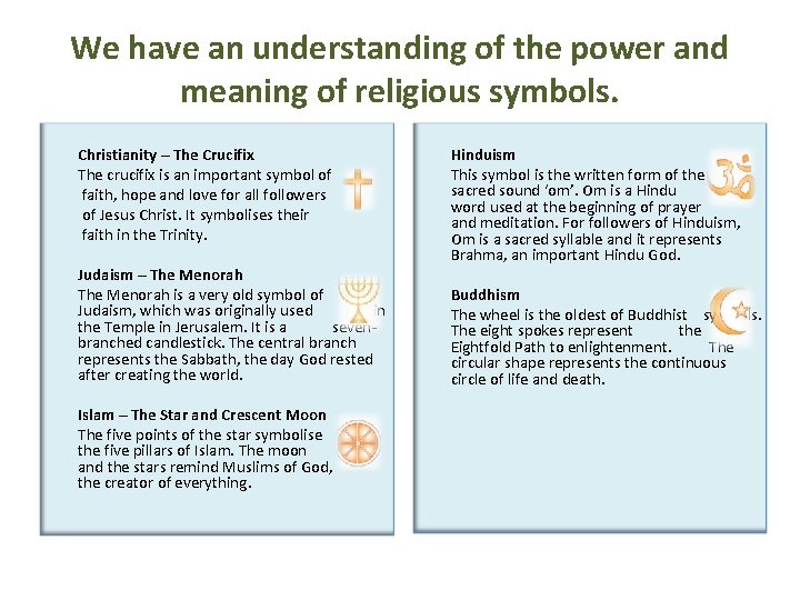 We have an understanding of the power and meaning of religious symbols. Christianity –