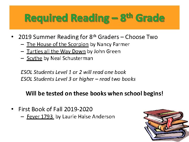 Required Reading – 8 th Grade • 2019 Summer Reading for 8 th Graders Required Reading – 8 th Grade • 2019 Summer Reading for 8 th Graders