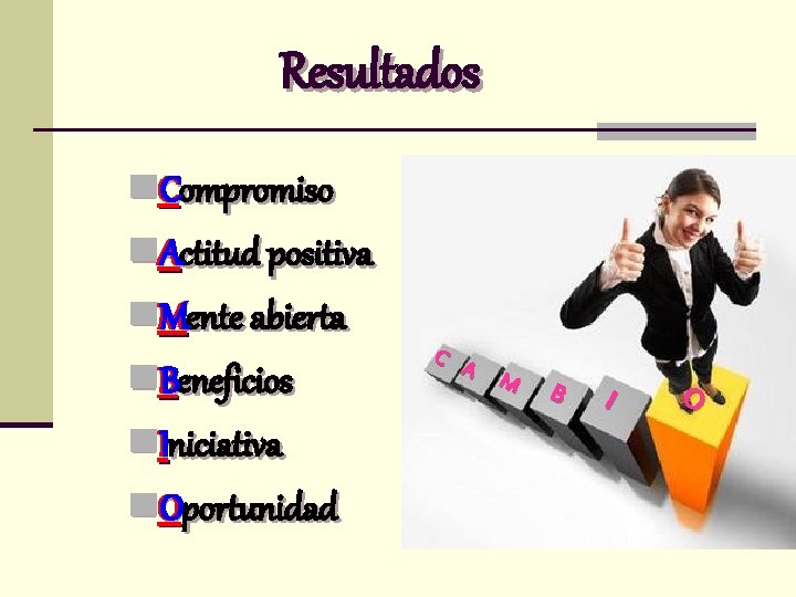 Resultados n. Compromiso n. Actitud positiva n. Mente abierta n. Beneficios n. Iniciativa n.