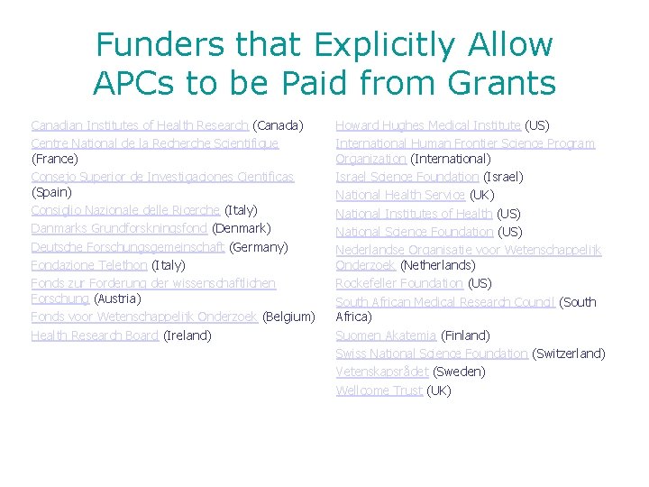 Funders that Explicitly Allow APCs to be Paid from Grants Canadian Institutes of Health