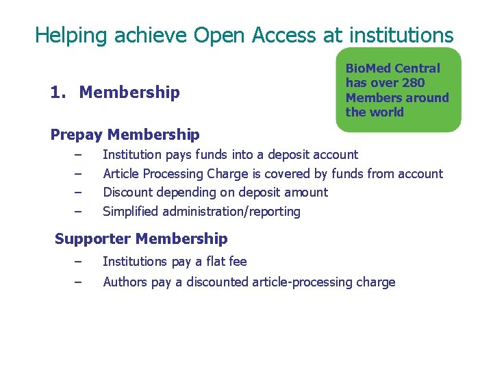 Helping achieve Open Access at institutions 1. Membership Bio. Med Central has over 280