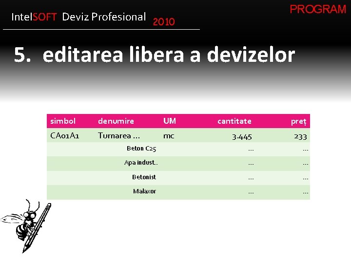 PROGRAM Intel. SOFT Deviz Profesional 2010 5. editarea libera a devizelor simbol denumire UM