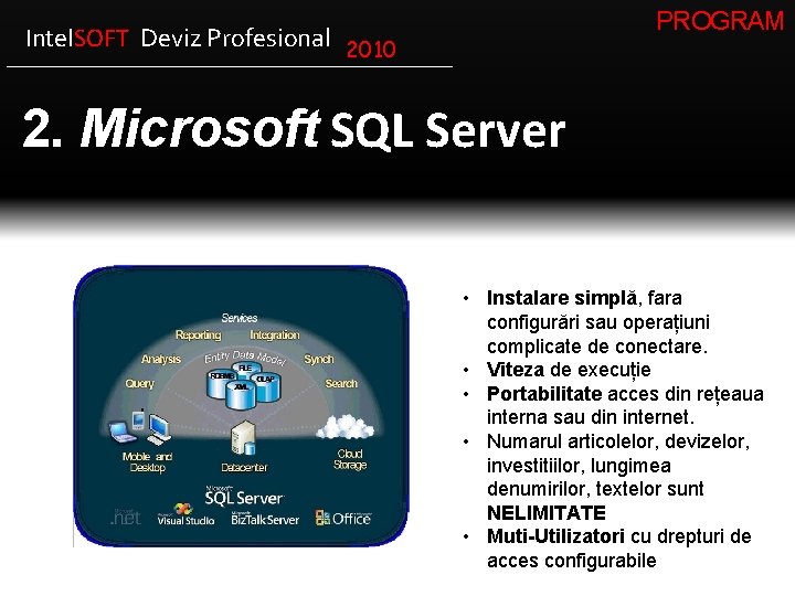 PROGRAM Intel. SOFT Deviz Profesional 2010 2. Microsoft SQL Server • Instalare simplă, fara