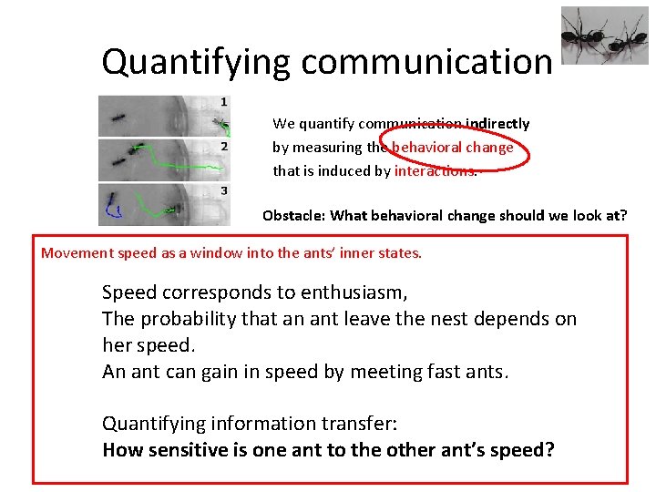 Quantifying communication We quantify communication indirectly by measuring the behavioral change that is induced