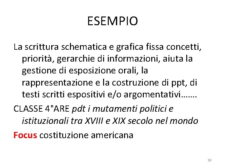 ESEMPIO La scrittura schematica e grafica fissa concetti, priorità, gerarchie di informazioni, aiuta la