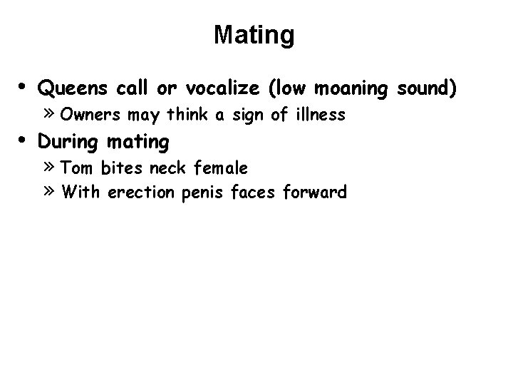 Mating • • Queens call or vocalize (low moaning sound) » Owners may think Mating • • Queens call or vocalize (low moaning sound) » Owners may think