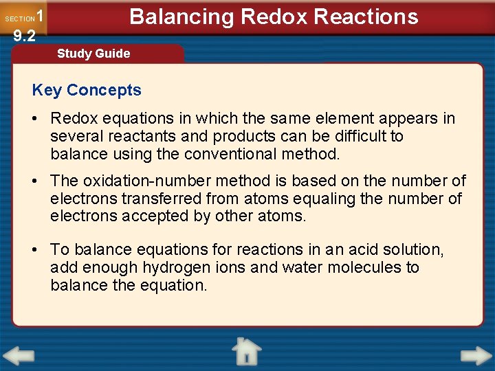 1 9. 2 SECTION Balancing Redox Reactions Study Guide Key Concepts • Redox equations