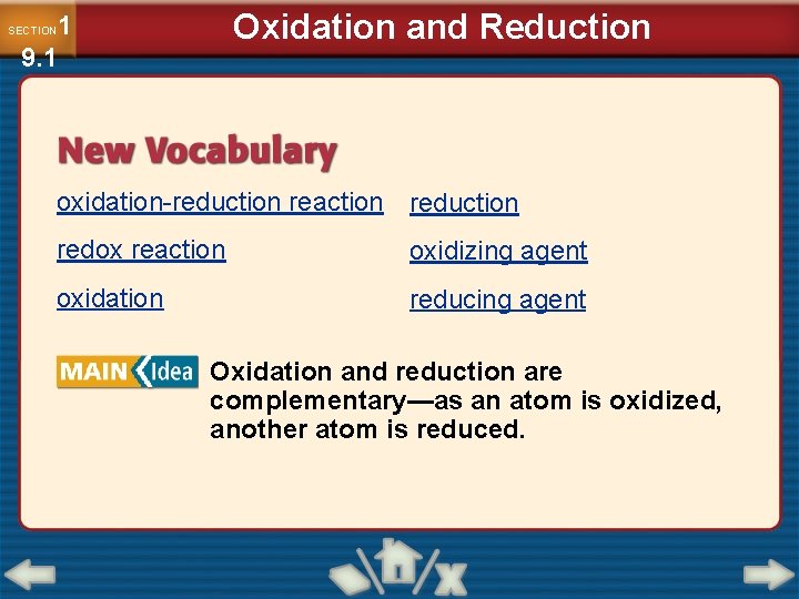 Oxidation and Reduction 1 9. 1 SECTION oxidation-reduction reaction reduction redox reaction oxidizing agent