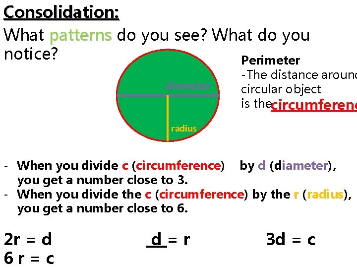 Consolidation: What patterns do you see? What do you notice? Perimeter diameter -The distance