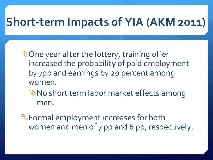 Short-term Impacts of YIA (AKM 2011) One year after the lottery, training offer increased