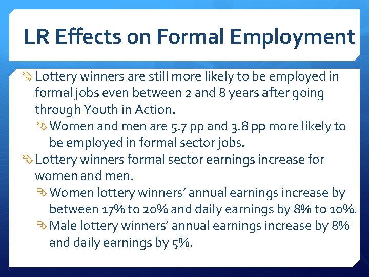 LR Effects on Formal Employment Lottery winners are still more likely to be employed