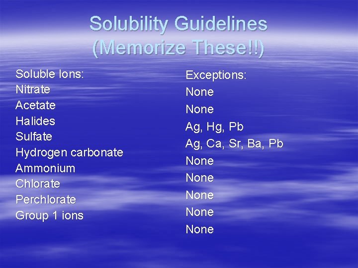 Solubility Guidelines (Memorize These!!) Soluble Ions: Nitrate Acetate Halides Sulfate Hydrogen carbonate Ammonium Chlorate