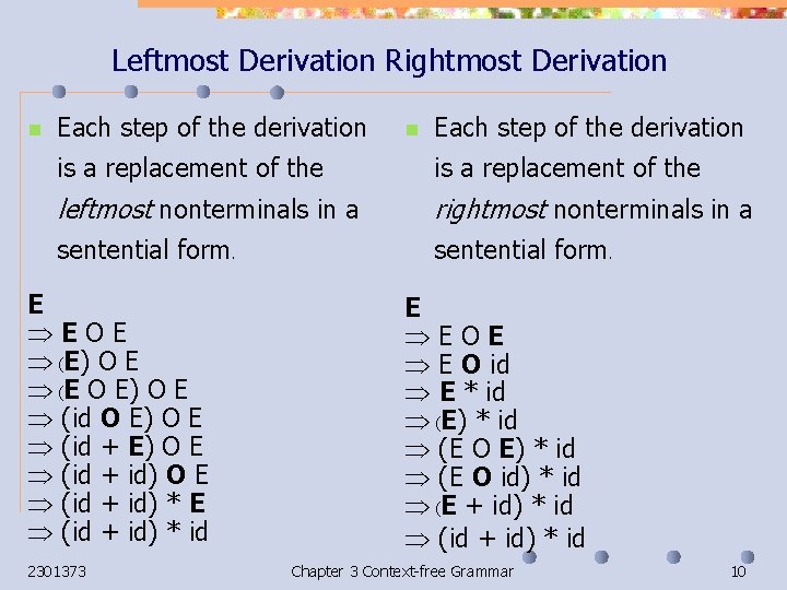 Leftmost Derivation Rightmost Derivation n Each step of the derivation is a replacement of