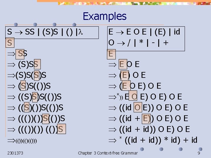 Examples S SS | (S)S | () | S SS (S)SS (S)S(())S ((S)())S(())S ((())())