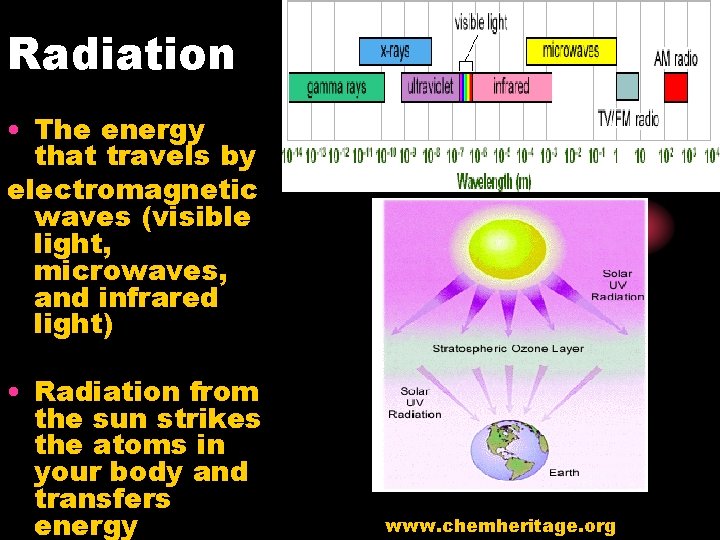 Radiation • The energy that travels by electromagnetic waves (visible light, microwaves, and infrared