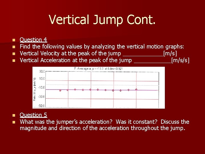 Vertical Jump Cont. n n Question 4 Find the following values by analyzing the