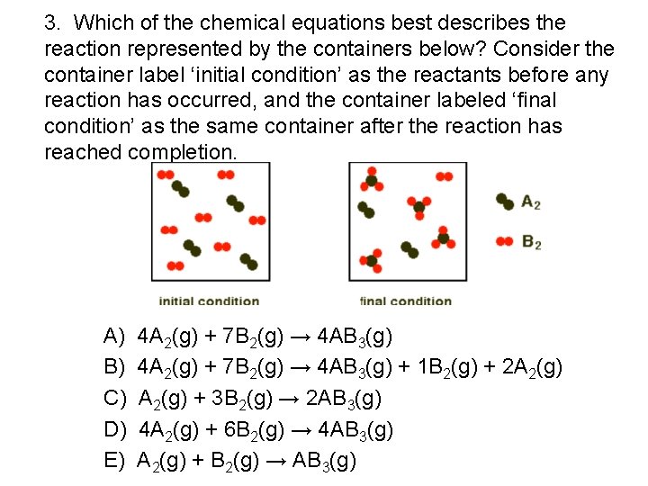 3. Which of the chemical equations best describes the reaction represented by the containers