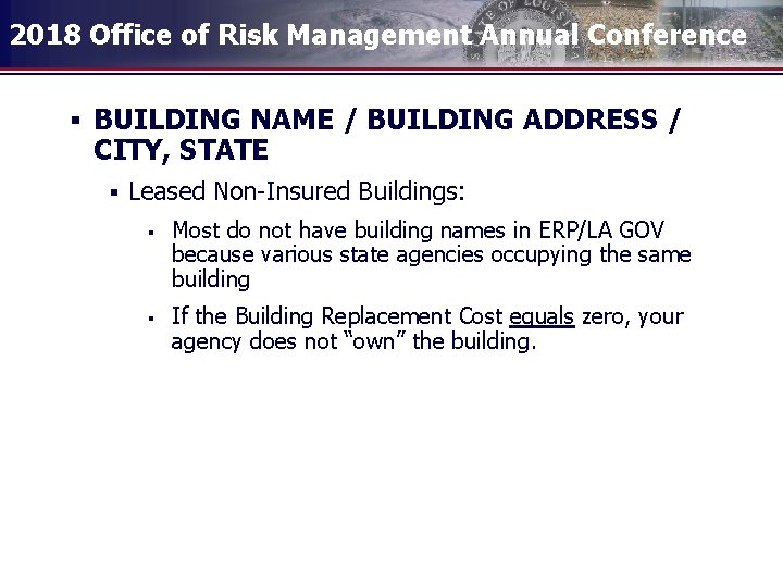 2018 Office of Risk Management Annual Conference § BUILDING NAME / BUILDING ADDRESS /
