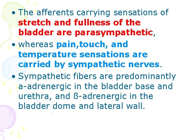  • The afferents carrying sensations of stretch and fullness of the bladder are