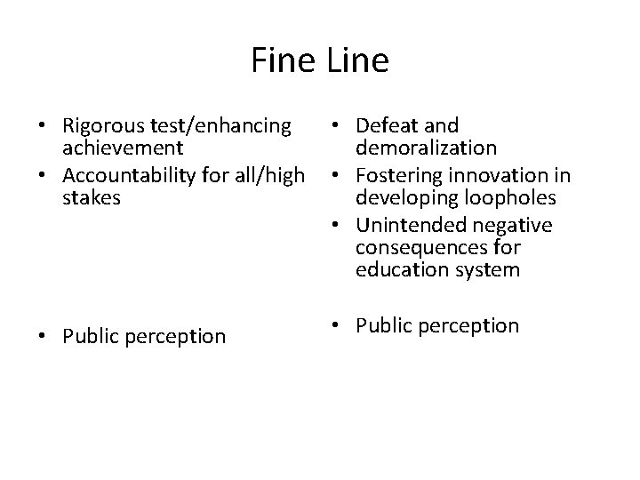 Fine Line • Rigorous test/enhancing achievement • Accountability for all/high stakes • Defeat and