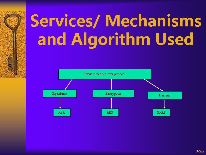 Services/ Mechanisms and Algorithm Used Services in a security protocol Signatures RSA Encryption AES