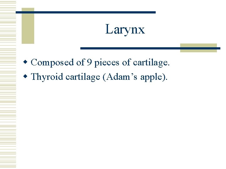 Larynx w Composed of 9 pieces of cartilage. w Thyroid cartilage (Adam’s apple). 