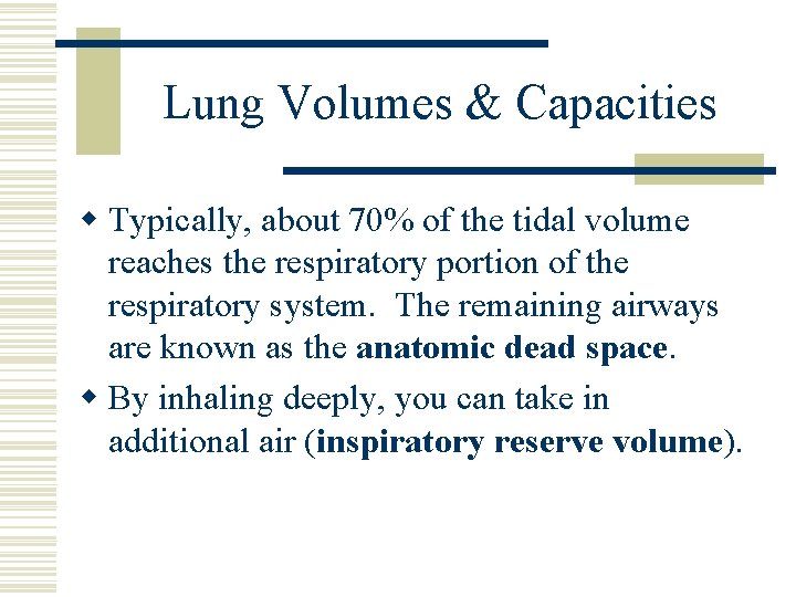 Lung Volumes & Capacities w Typically, about 70% of the tidal volume reaches the