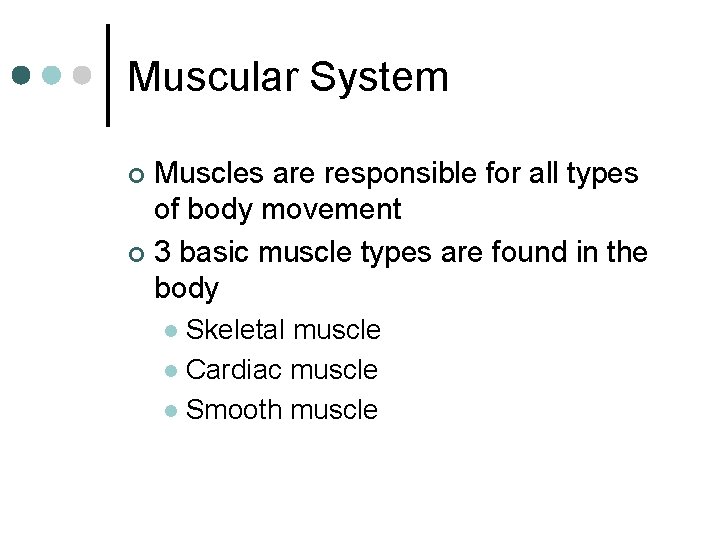 Muscular System Muscles are responsible for all types of body movement ¢ 3 basic