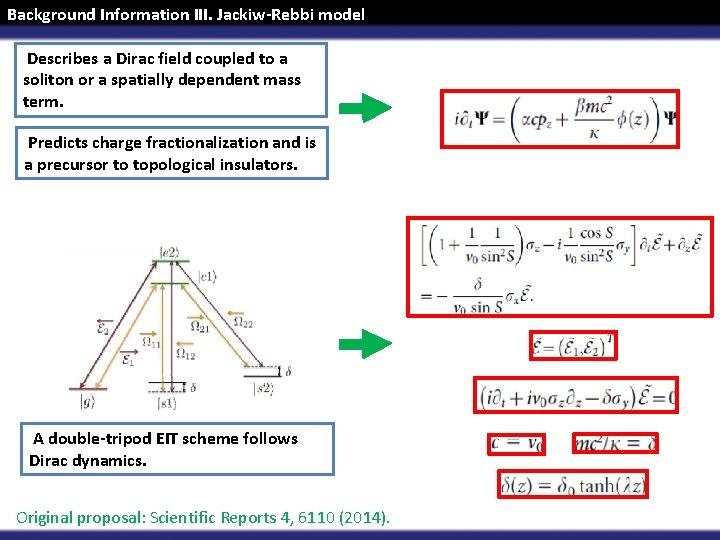 Background Information III. Jackiw-Rebbi model Describes a Dirac field coupled to a soliton or