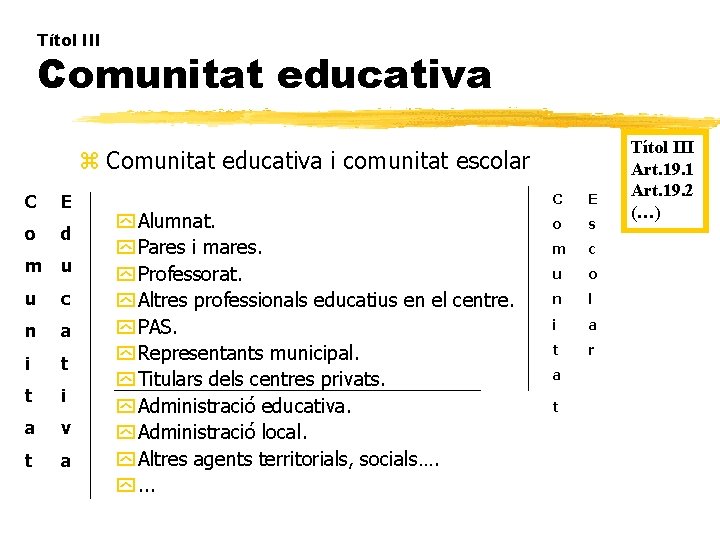 Títol III Comunitat educativa z Comunitat educativa i comunitat escolar C E o d