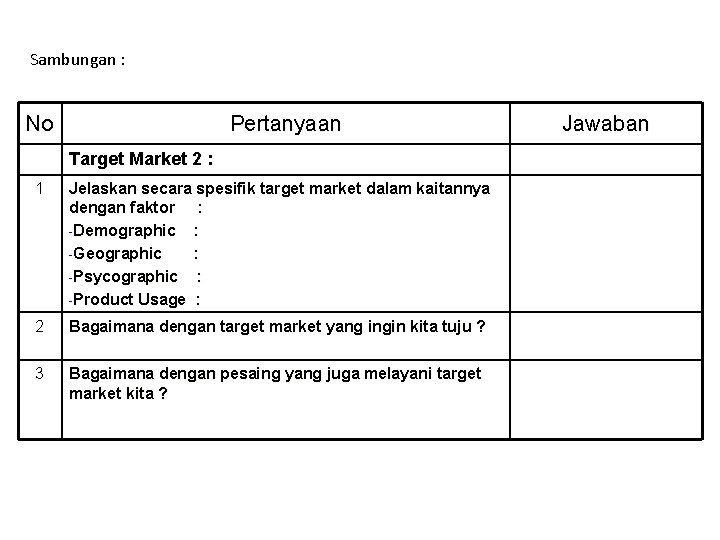 Sambungan : No Pertanyaan Target Market 2 : 1 Jelaskan secara spesifik target market