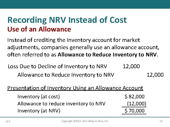 Recording NRV Instead of Cost Use of an Allowance Instead of crediting the Inventory