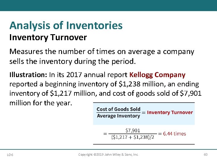 Analysis of Inventories Inventory Turnover Measures the number of times on average a company