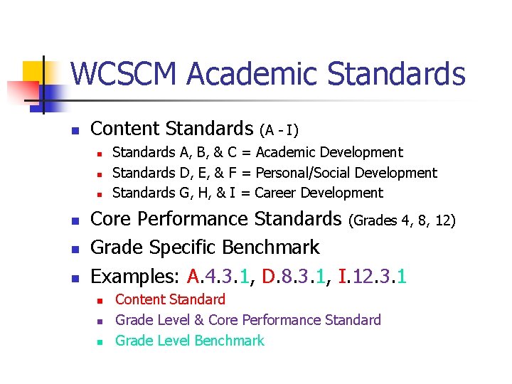 WCSCM Academic Standards n Content Standards n n n (A - I) Standards A,