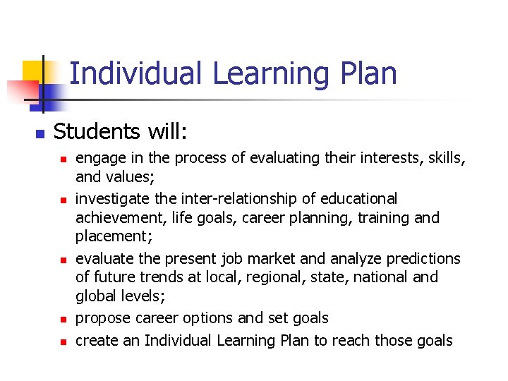 Individual Learning Plan n Students will: n n n engage in the process of