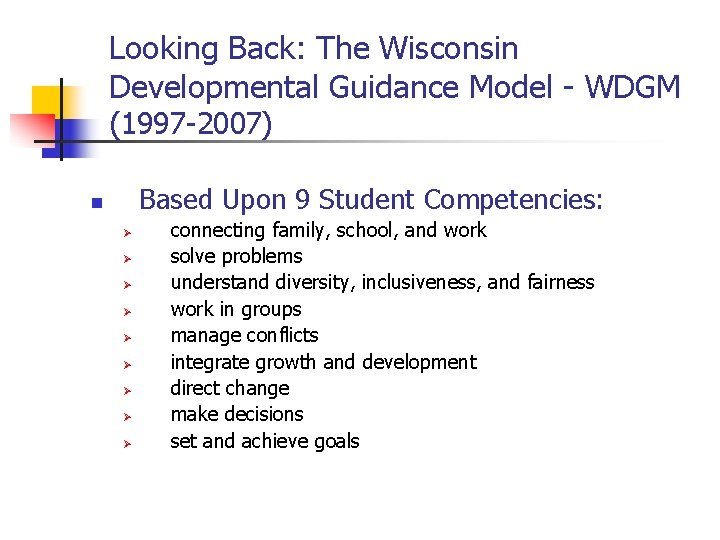 Looking Back: The Wisconsin Developmental Guidance Model - WDGM (1997 -2007) Based Upon 9