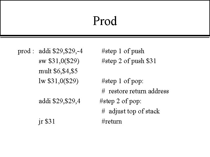 Prod prod : addi $29, -4 sw $31, 0($29) mult $6, $4, $5 lw