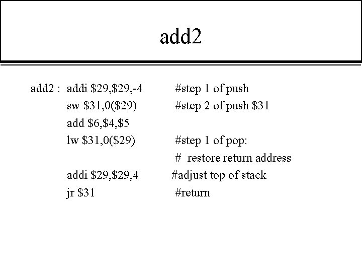 add 2 : addi $29, -4 sw $31, 0($29) add $6, $4, $5 lw