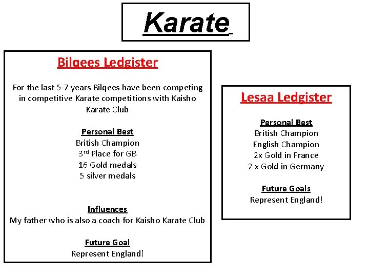 Karate Bilqees Ledgister For the last 5 -7 years Bilqees have been competing in