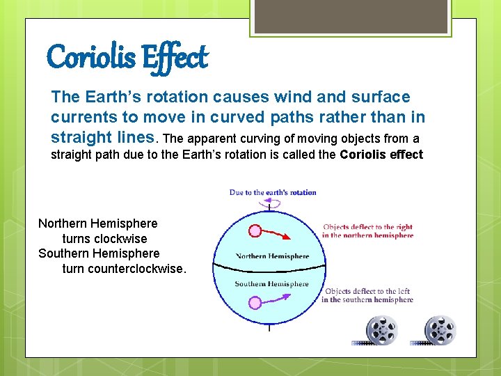 Coriolis Effect The Earth’s rotation causes wind and surface currents to move in curved Coriolis Effect The Earth’s rotation causes wind and surface currents to move in curved