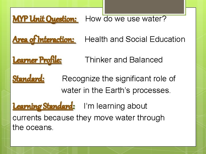MYP Unit Question: How do we use water? Area of Interaction: Health and Social MYP Unit Question: How do we use water? Area of Interaction: Health and Social
