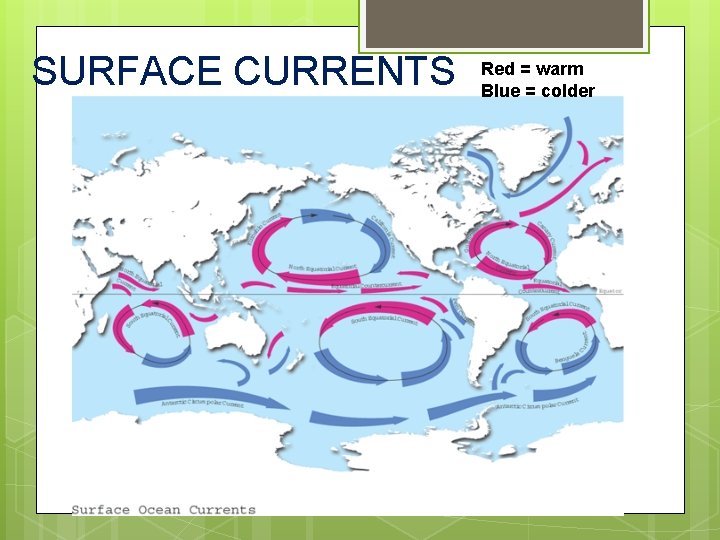 SURFACE CURRENTS Red = warm Blue = colder SURFACE CURRENTS Red = warm Blue = colder